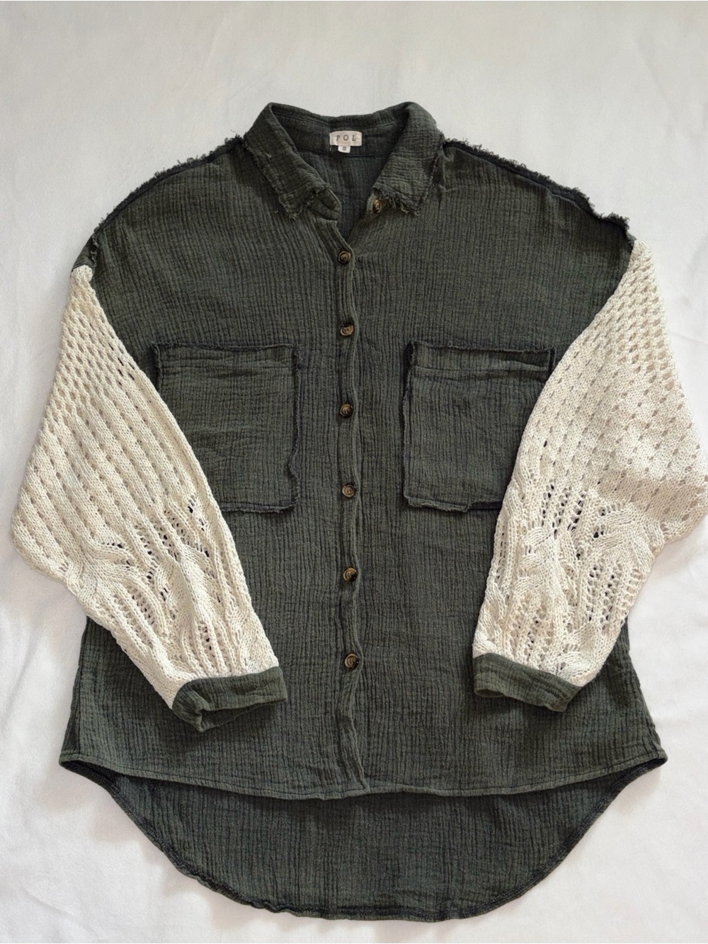 POL Olive Green Button-Up Shacket with Cream Crochet Sleeves - Sz S (039) - Picture 2 of 4
